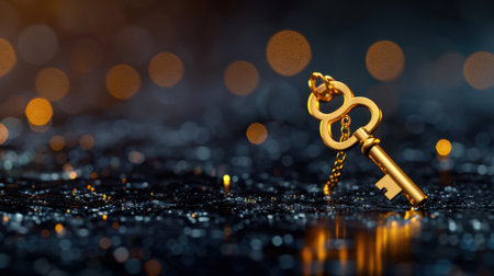 A captivating close-up of a golden key resting on a reflective surface, surrounded by a dreamy bokeh background, creating a sense of mystery and elegance.の素材