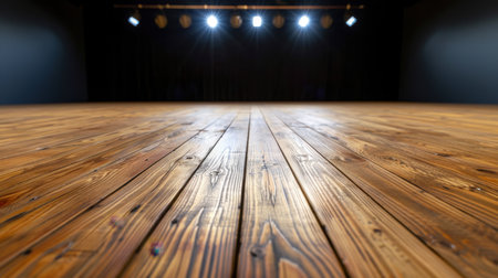 A close-up view of a spacious wooden floor on an empty stage, illuminated by bright spotlights, creating a warm and inviting atmosphere perfect for performances.の素材