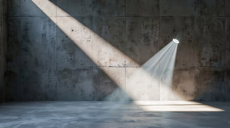 A serene composition featuring striking light rays spilling into an empty industrial space, highlighting the textured concrete wall and floor, perfect for creative projects.の素材