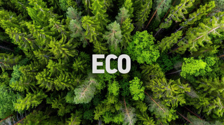 A stunning aerial shot of a dense green forest featuring the word "ECO" prominently. This image emphasizes the importance of environmental conservation and nature.の素材