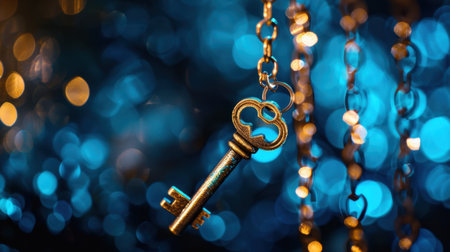 A vintage key elegantly hangs from a chain against a shimmering blue bokeh background. The soft lights create a magical atmosphere, evoking curiosity and nostalgia.の素材