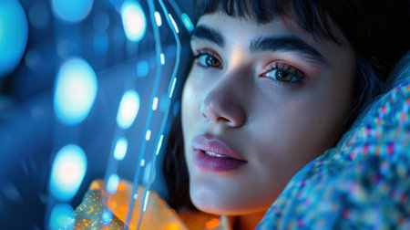 A captivating close-up of a young woman's face illuminated by soft, colorful lights. The serene expression and striking eyes create an ethereal atmosphere, perfect for artistic projects.の素材