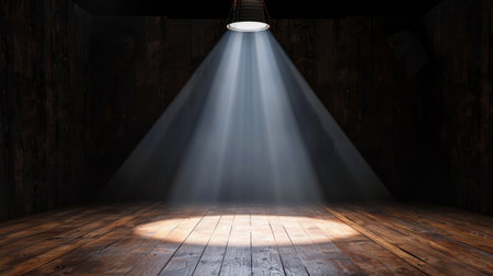 This image features a striking spotlight casting light on a wooden floor in an empty theater room, creating a dramatic atmosphere perfect for artistic projects.の素材