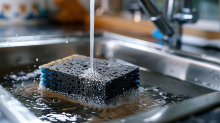 A close-up image of water splashing onto a kitchen sponge in a sink, showcasing bubbles and a clean surface, representing home hygiene and cleaning tasks.の素材