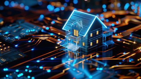 A vibrant futuristic house model is illustrated on a glowing circuit board filled with blue lights, representing technology and real estate advancements.の素材