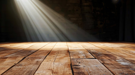 A stunning wooden floor illuminated by soft beams of light, creating an atmospheric and inviting ambiance. Perfect for various design projects.の素材