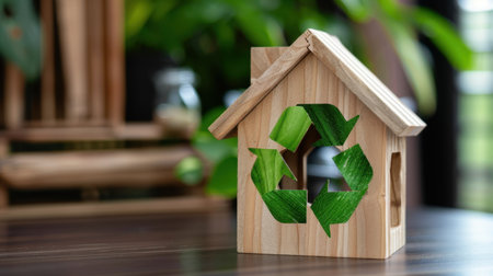 A charming wooden house model featuring a recycle symbol made of green leaves, showcasing eco-friendly design and sustainable living concepts. Perfect for nature-focused decor.の素材