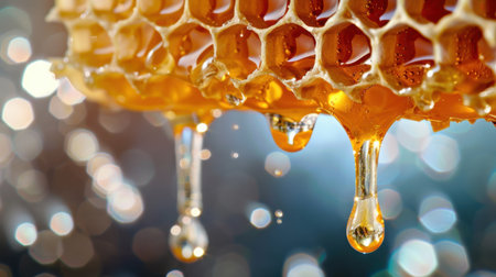 This stunning close-up showcases dripping honey from a honeycomb, featuring a beautiful bokeh background that highlights its golden hue and rich texture.の素材