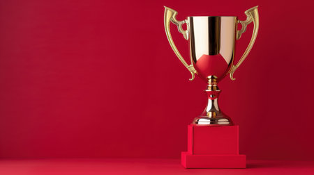 A shiny gold trophy standing proudly on a bold red background, symbolizing achievement and success, ideal for sports, awards, or celebratory themes.の素材