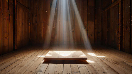 A serene wooden room with light rays streaming down onto an empty platform, creating a tranquil atmosphere ideal for art or product displays.の素材