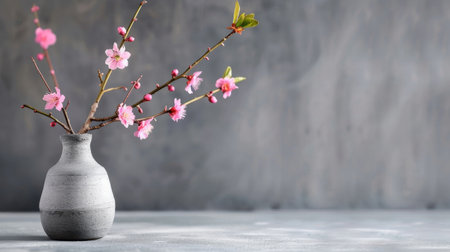 A beautiful arrangement of cherry blossom branches in a minimalist gray vase, set against a soft, textured background, evoking tranquility and elegance.の素材