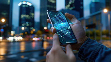 A person interacts with a smartphone displaying a digital interface amidst an illuminated urban landscape at dusk, symbolizing modern technology and connectivity.の素材