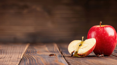 A striking image featuring fresh red apples, one whole and one sliced, placed on a rustic wooden table with small insects, creating a vivid tableau of nature and awareness.の素材