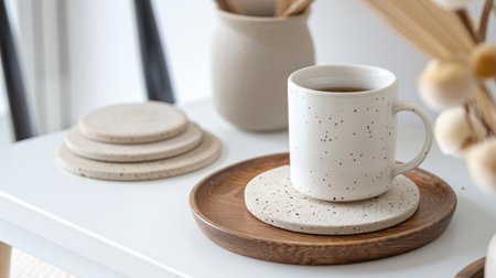 Discover a serene coffee moment featuring a stylish mug and elegant tableware. The earthy tones and minimalist design create a comforting atmosphere for any home.の素材