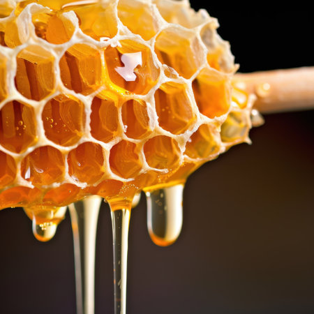 A captivating close-up of honeycomb with golden honey dripping gracefully, showcasing the intricate structure and natural sweetness, perfect for food enthusiasts.の素材