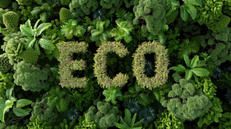 This captivating image features the word 'ECO' crafted from vibrant greenery amidst a lush backdrop, symbolizing environmental awareness and sustainability.の素材