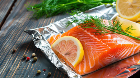 A vibrant fresh salmon fillet nestled on metallic foil, garnished with lemon slices and dill, ideal for healthy recipes and gourmet meals.の素材