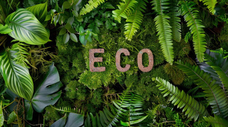 This image showcases a vibrant arrangement of lush greenery with the word "ECO" spelled out in natural materials, symbolizing sustainability and harmony with nature.の素材
