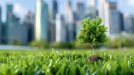 A small tree stands out in vibrant green grass against a stunning urban skyline, representing the harmony between nature and city life. The image captures growth and sustainability.の素材