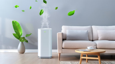 A modern air purifier sits in a stylish living room, surrounded by leafy decor. The steam and green leaves create a fresh, tranquil atmosphere for relaxation.の素材