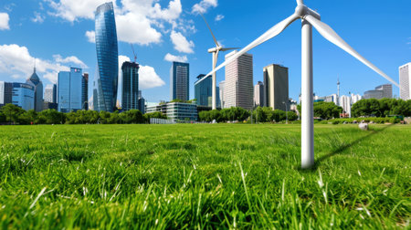 A vibrant urban scene showcasing a wind turbine amidst tall skyscrapers and lush green grass, highlighting a blend of modern architecture and sustainable energy.の素材