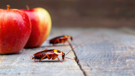 This image features cockroaches crawling near red apples on a rustic wooden surface, illustrating the contrast between food and pests. Ideal for health and ecology themes.の素材
