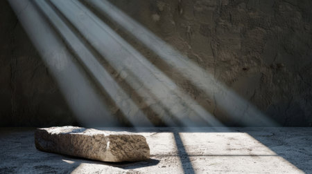 A single stone rests on a textured surface as sunlight streams through the shadows, creating a serene atmosphere for minimalist aesthetics and design inspiration.の素材