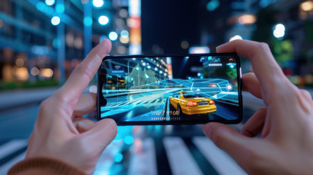A captivating image of hands gripping a smartphone that showcases an augmented reality view of a yellow car on a bustling urban street at night.の素材