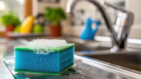 A colorful cleaning sponge with bubbles rests on a kitchen sink, highlighting a modern home environment. The vibrant colors and shiny surface create a fresh and tidy look, ideal for cleaning enthusiasts and homemakers.の素材