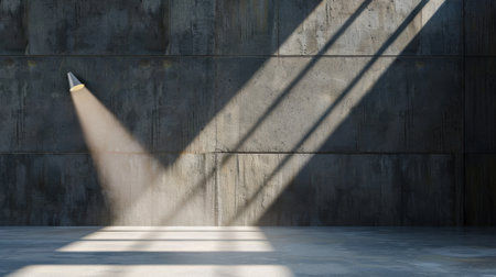 A minimalist interior scene featuring a textured concrete wall, where a single beam of light creates striking shadows, evoking a tranquil atmosphere.の素材