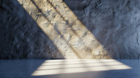 This image captures natural light streaming through a window, creating striking shadows on a textured wall. A minimalist surface enhances the serene atmosphere.の素材