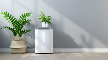 This image features a modern air conditioning unit placed beside lush green plants in a stylish room with a minimalist gray wall. The design highlights comfort and aesthetics, perfect for contemporary living spaces.の素材