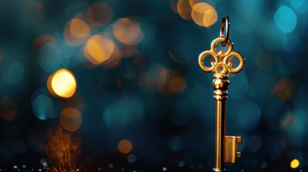 A striking image of a vintage golden key with an ornate handle, set against a soft-focus bokeh backdrop, capturing elegance and mystery.の素材