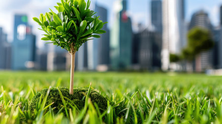A small tree stands on vibrant green grass with a blurred city skyline in the background, showcasing the balance between nature and urban living.の素材
