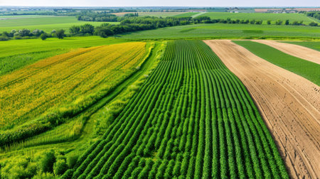 This stunning aerial photograph captures lush green agricultural fields with distinct crop patterns, showcasing the beauty of rural farming landscapes.の素材