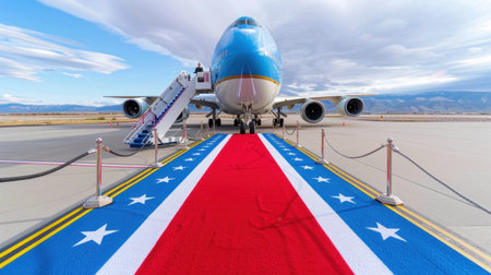 A stunning image showcasing a red carpet leading to an airplane against a backdrop of mountains and a blue sky. Perfect for aviation and travel themes.の素材