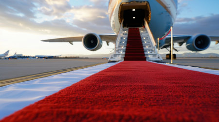 A luxurious red carpet leads to a private jet at sunset, highlighting the elegance of air travel and the exclusive experience of flying in style.の素材