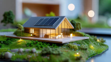 A detailed model of a modern sustainable house featuring solar panels and artistic landscaping, emphasizing eco-conscious living with a cozy interior ambiance.の素材