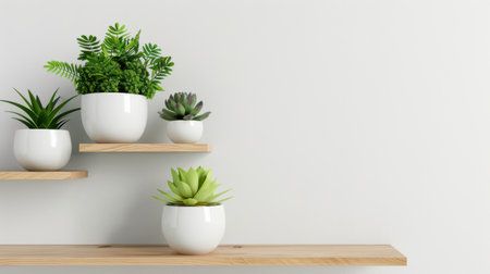 This image features a stylish arrangement of succulents and greenery in white pots on wooden shelves. It showcases a modern, minimalist decor ideal for enhancing interior spaces.の素材