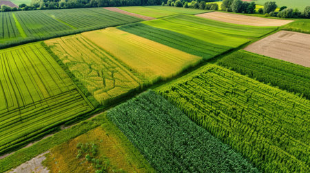 This stunning aerial photograph showcases a patchwork of agricultural fields, highlighting the lush greens and golden yellows of different crops within a rural setting.の素材