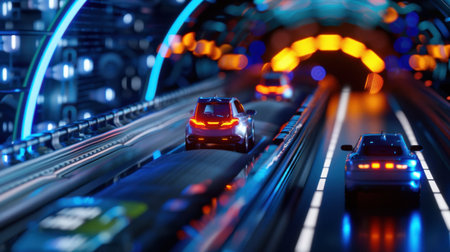 A stunning depiction of a futuristic night drive through a neon-lit tunnel featuring sleek vehicles moving at high speed, showcasing innovative design and vibrant colors.の素材