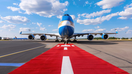 A grand airplane positioned on a red carpet at an airport, beneath a vibrant blue sky filled with fluffy clouds, showcasing modern air travel.の素材