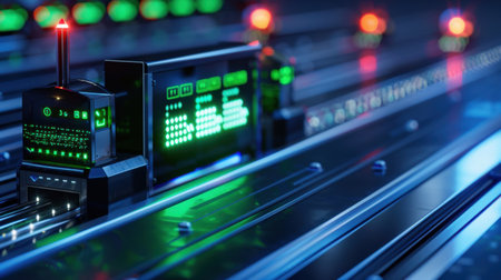 This captivating image showcases a futuristic train station interior, featuring digital screens, illuminated indicators, and a sleek design, perfect for technology themes.の素材