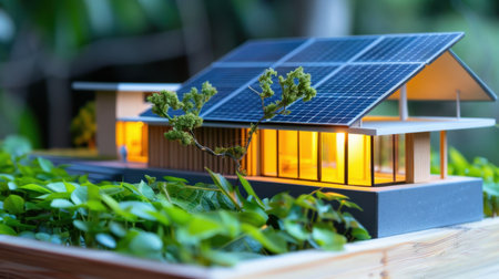 A beautifully crafted model of a modern eco-friendly house featuring solar panels. Surrounded by vibrant greenery, this design emphasizes sustainability and comfort.の素材