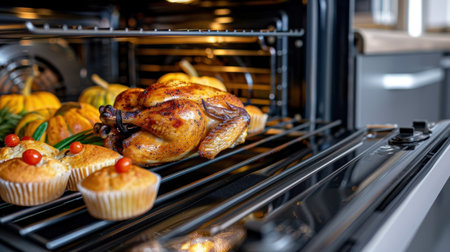 A beautifully roasted chicken sits in a modern oven alongside delicious muffins and fresh vegetables, showcasing a perfect home-cooked meal.の素材