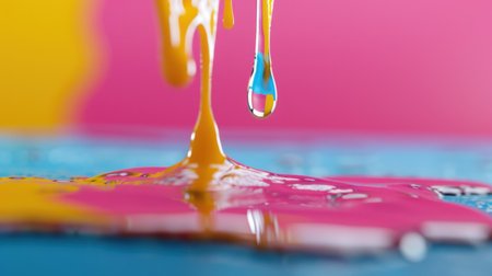 A close-up view of vibrant paint dripping from a surface, showcasing a blend of yellow, pink, and blue colors against a lively background.の素材