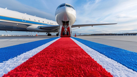 A stunning private jet sits poised on the runway with a vibrant red carpet leading to its cabin entrance, showcasing luxury travel under a beautiful sky.の素材