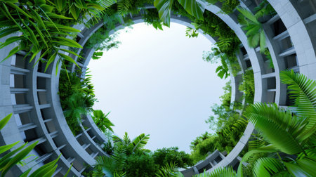 A captivating view of circular architecture surrounded by lush green foliage, showcasing a perfect blend of nature and modern design, evoking tranquility.の素材