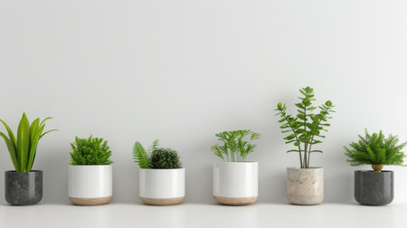 A collection of potted plants in minimalist pots creates a fresh and inviting atmosphere, enhancing indoor spaces with natural beauty and tranquil vibes.の素材