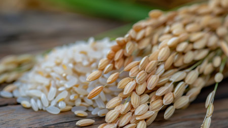 Discover the beauty of fresh rice grains and unmilled rice, resting elegantly on a rustic wooden surface, showcasing nature's bounty and agricultural traditions.の素材